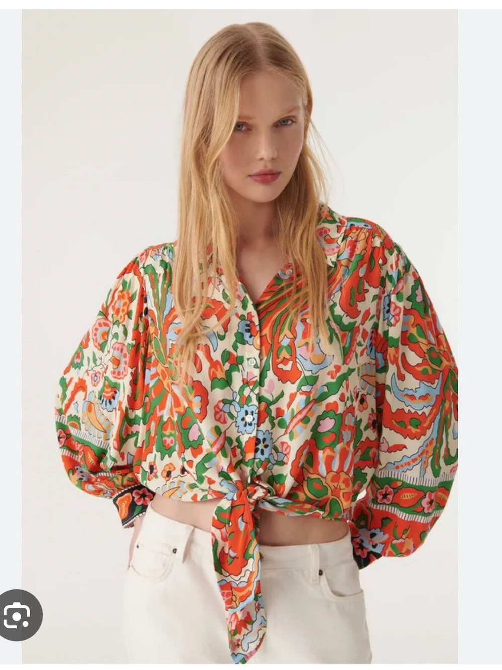ba&sh Floral Tie-Front Button-Down Shirt in Orange, Green & Cream